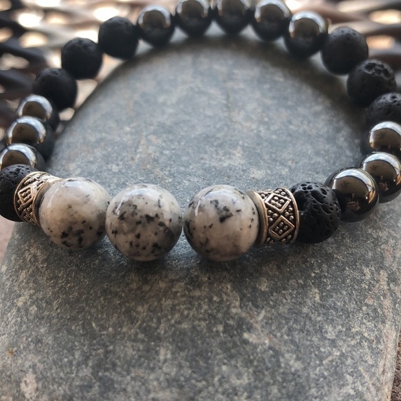 Handmade stretch bracelet,sesame Jasper beads,lava beads and hematite, size S/M - Picture 6 of 10